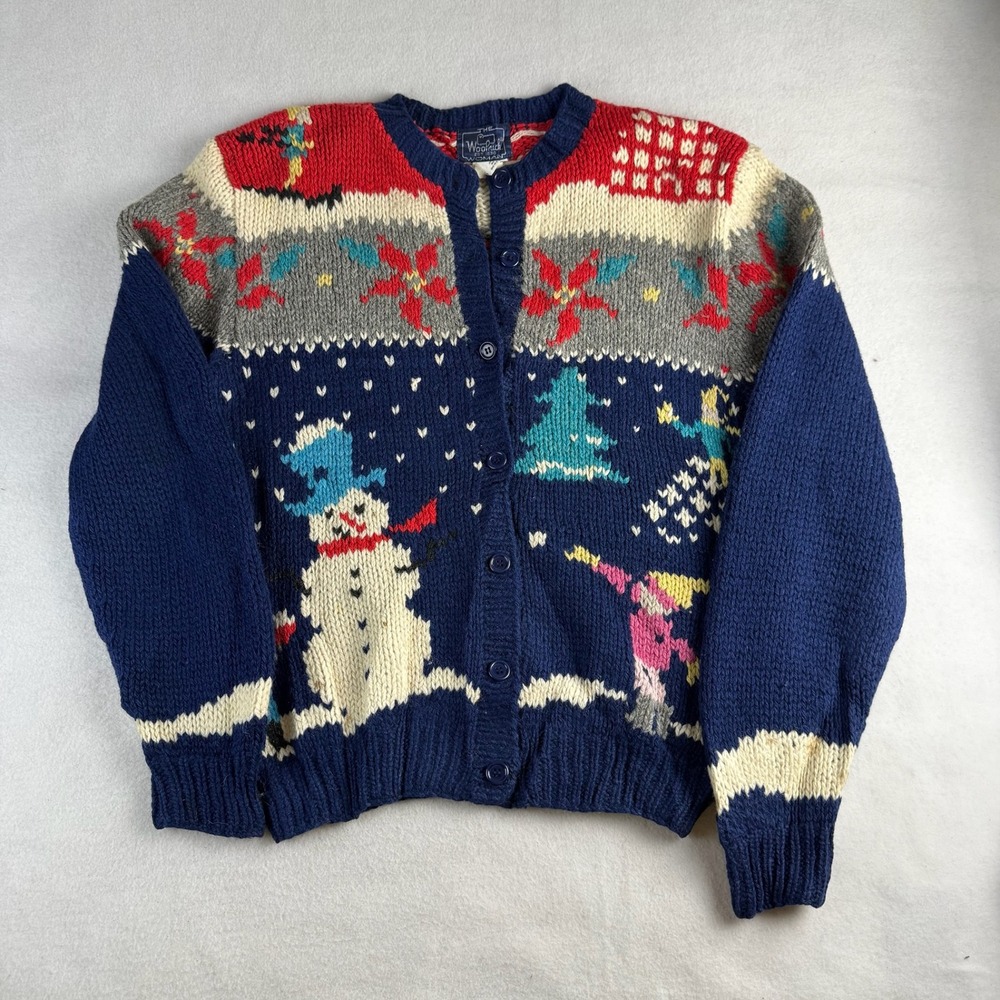 Woolrich Woman Vintage Wool Snowman Ski Winter Scene Cardigan Sweater Blue Med